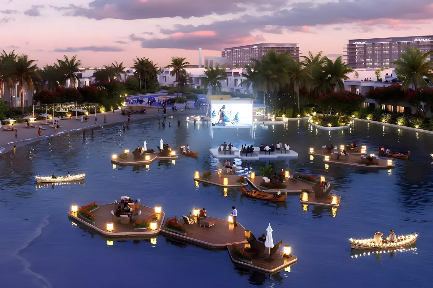 DAMAC Riverside Views — floating cinema lagoon lifestyle marketing render