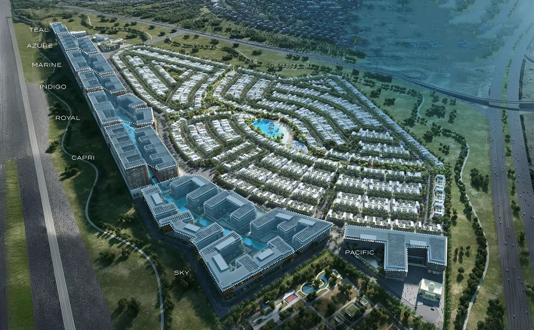 Damac Riverside Views — Property Finder leftover master plan with the Indigo cluster labelled on the apartment strip between Marine and Royal