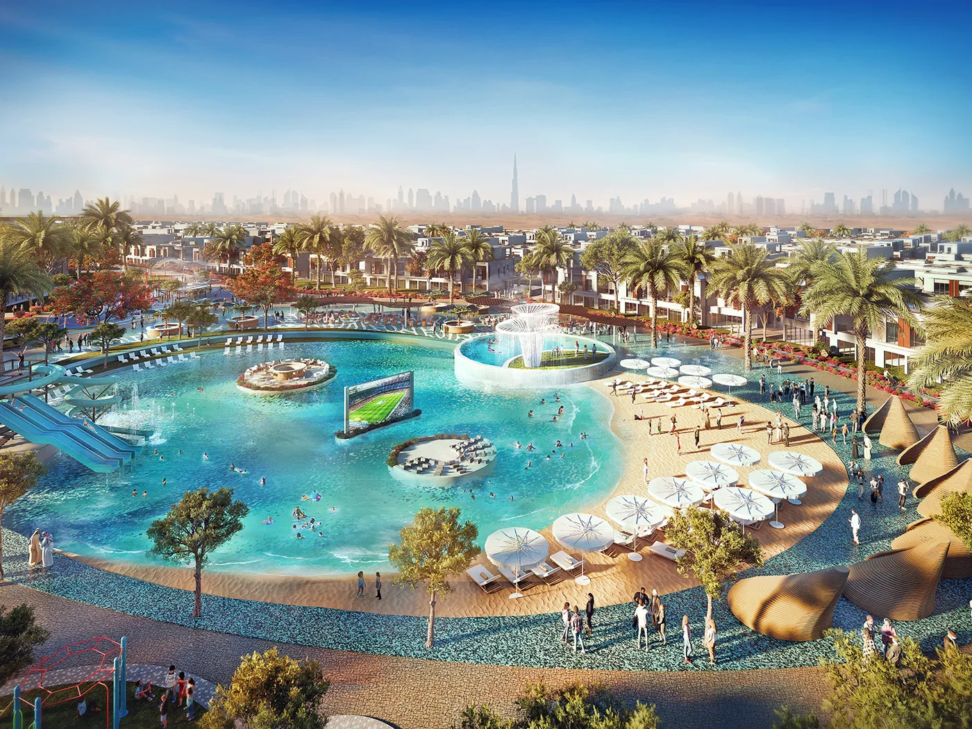 DAMAC Riverside — Malibu Cove lagoon and beach amenity marketing render (campus-level, not Indigo 1-only)