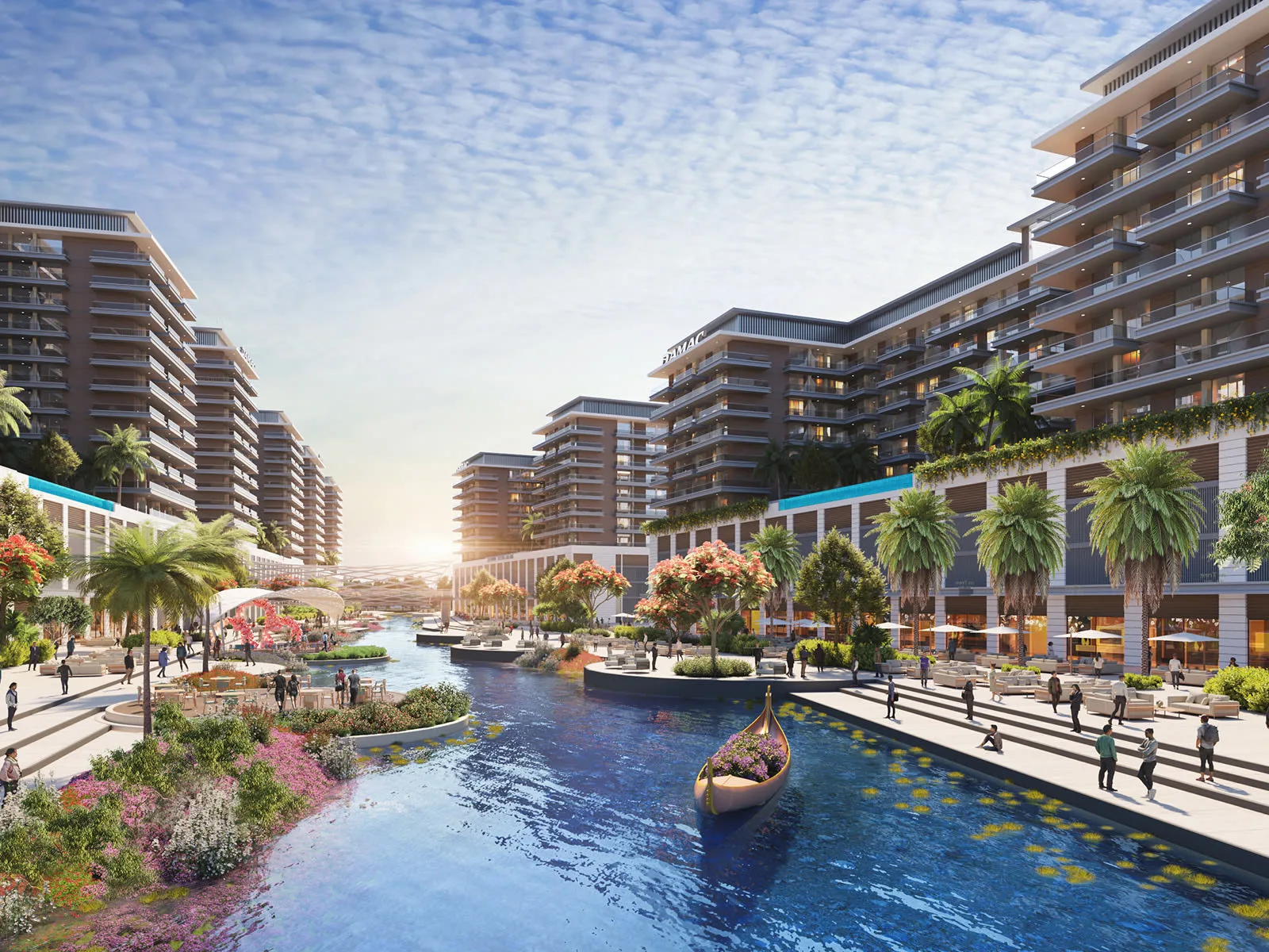 DAMAC Riverside Views — canal promenade and mid-rise residences marketing render