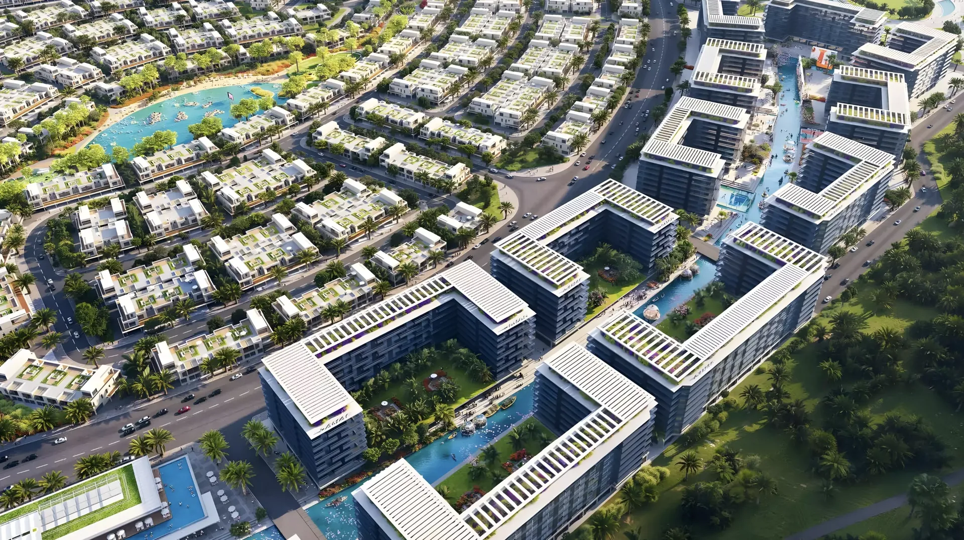 DAMAC Riverside Views — aerial marketing render of apartment blocks and villa rings around canals (collection context for Royal 1)