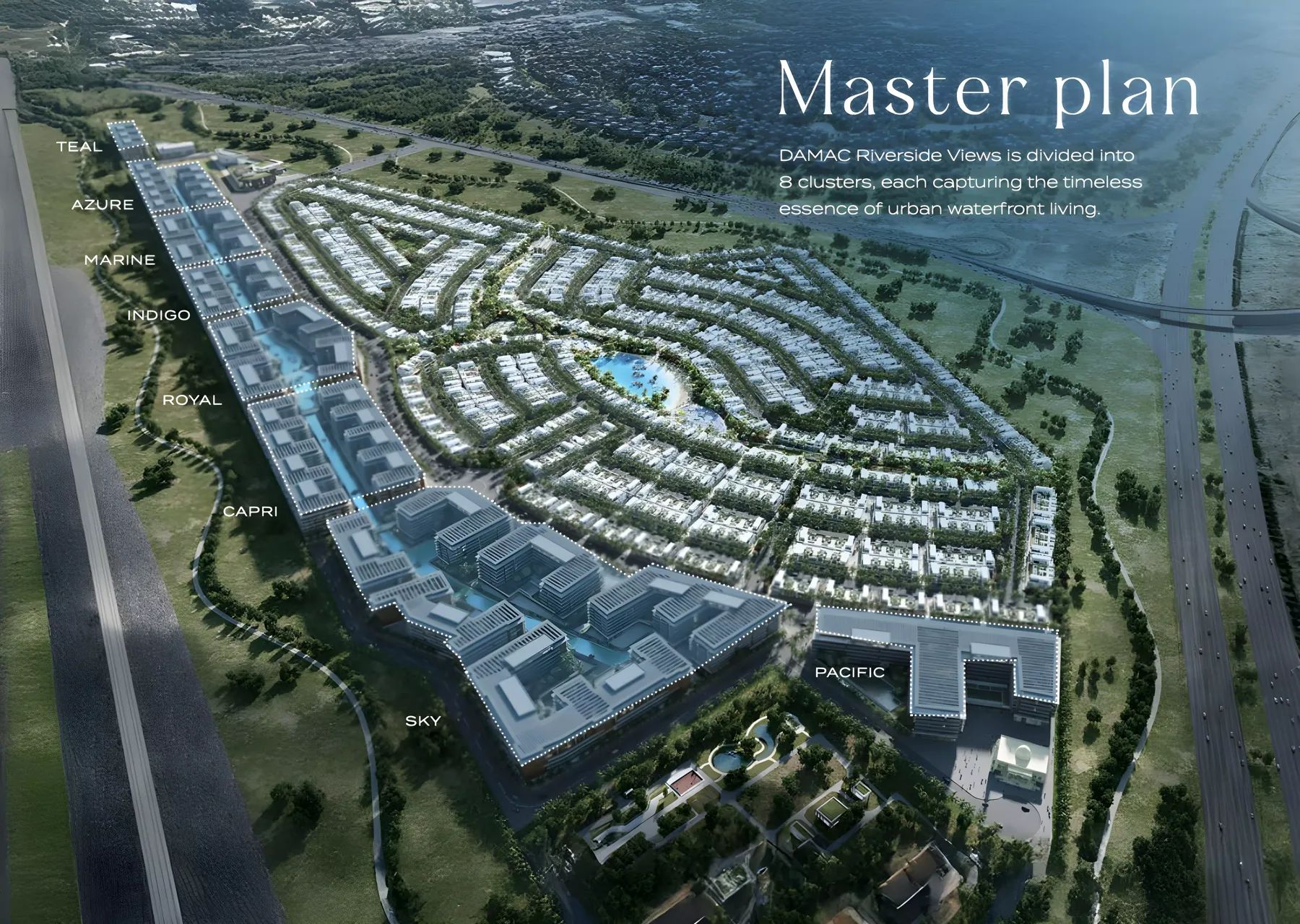 Damac Riverside Views — Property Finder master plan with the Royal cluster labelled on the apartment spine between Indigo and Capri