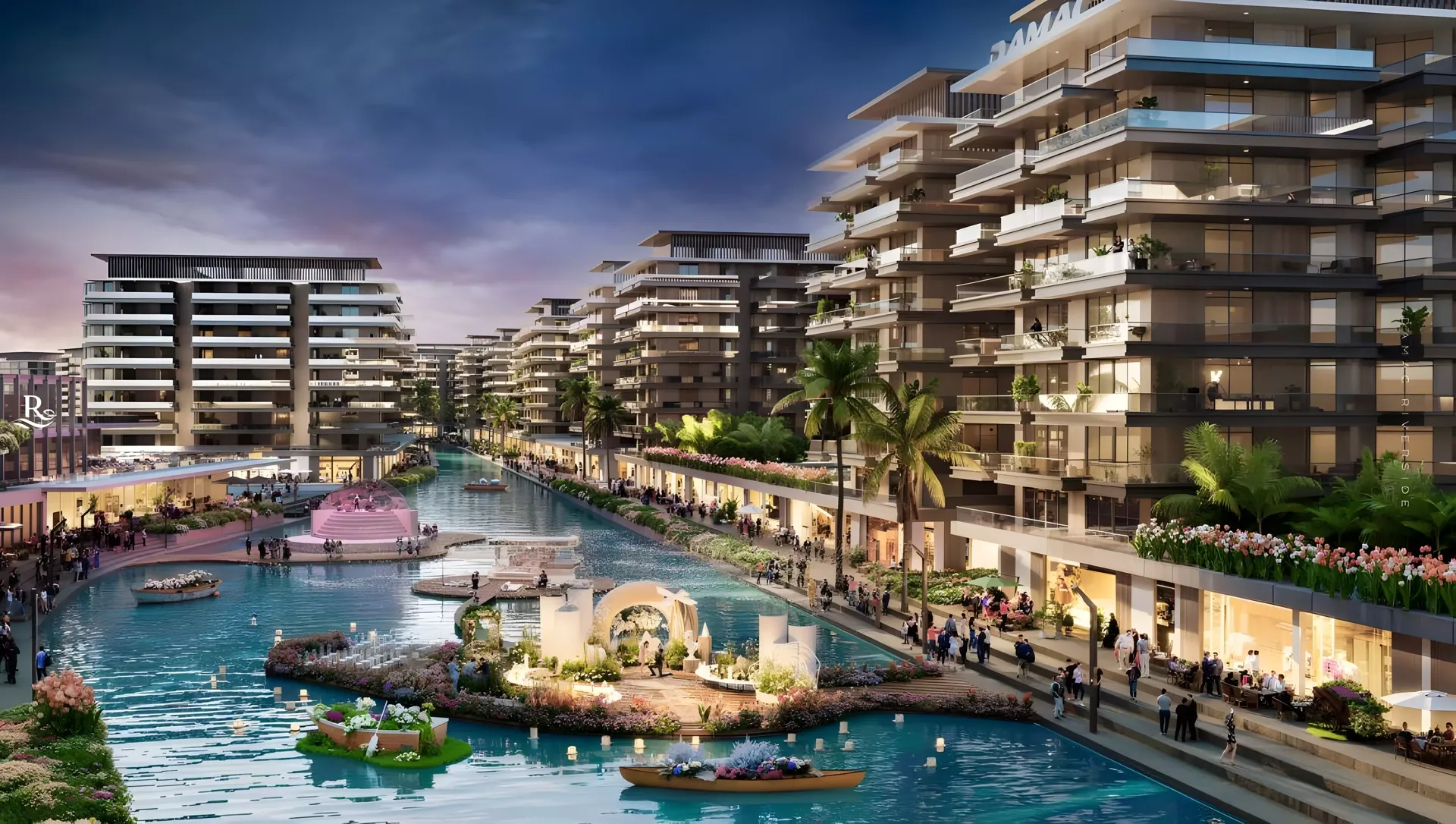 DAMAC Riverside Views — evening canal walkway between apartment buildings marketing render