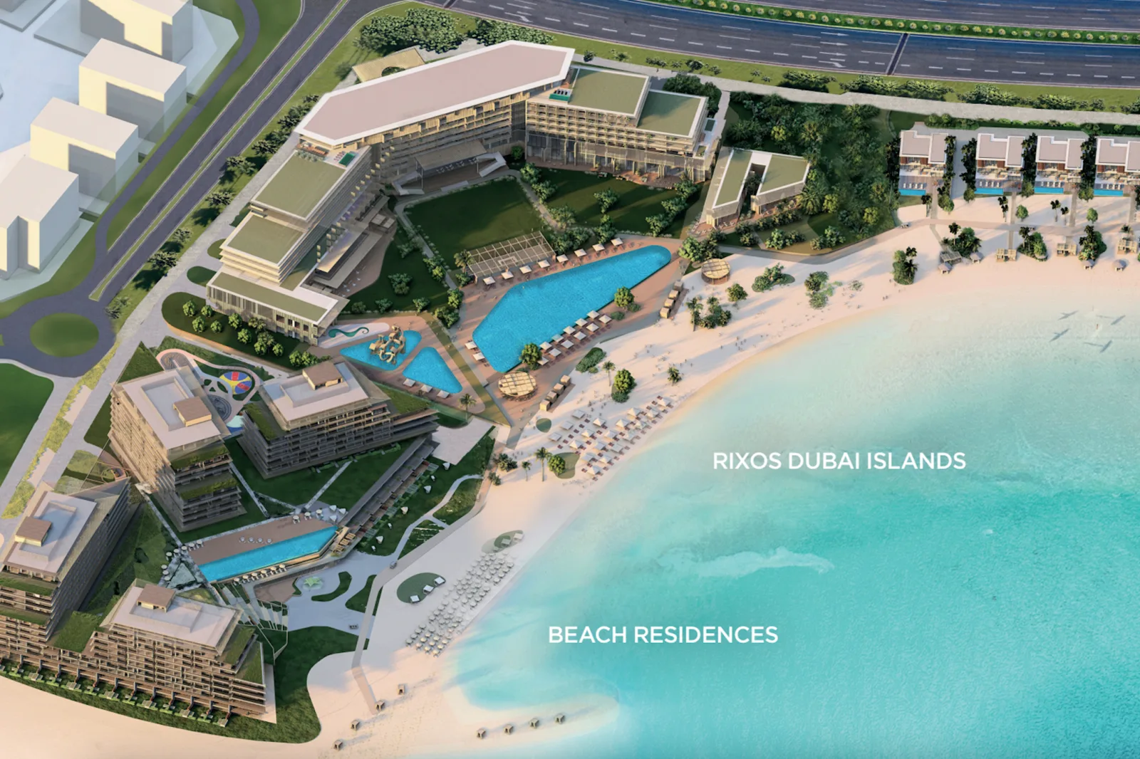 Beach Residences Dubai Islands — labeled masterplan still showing the Beach Residences pocket on the cove next to the hotel and villas
