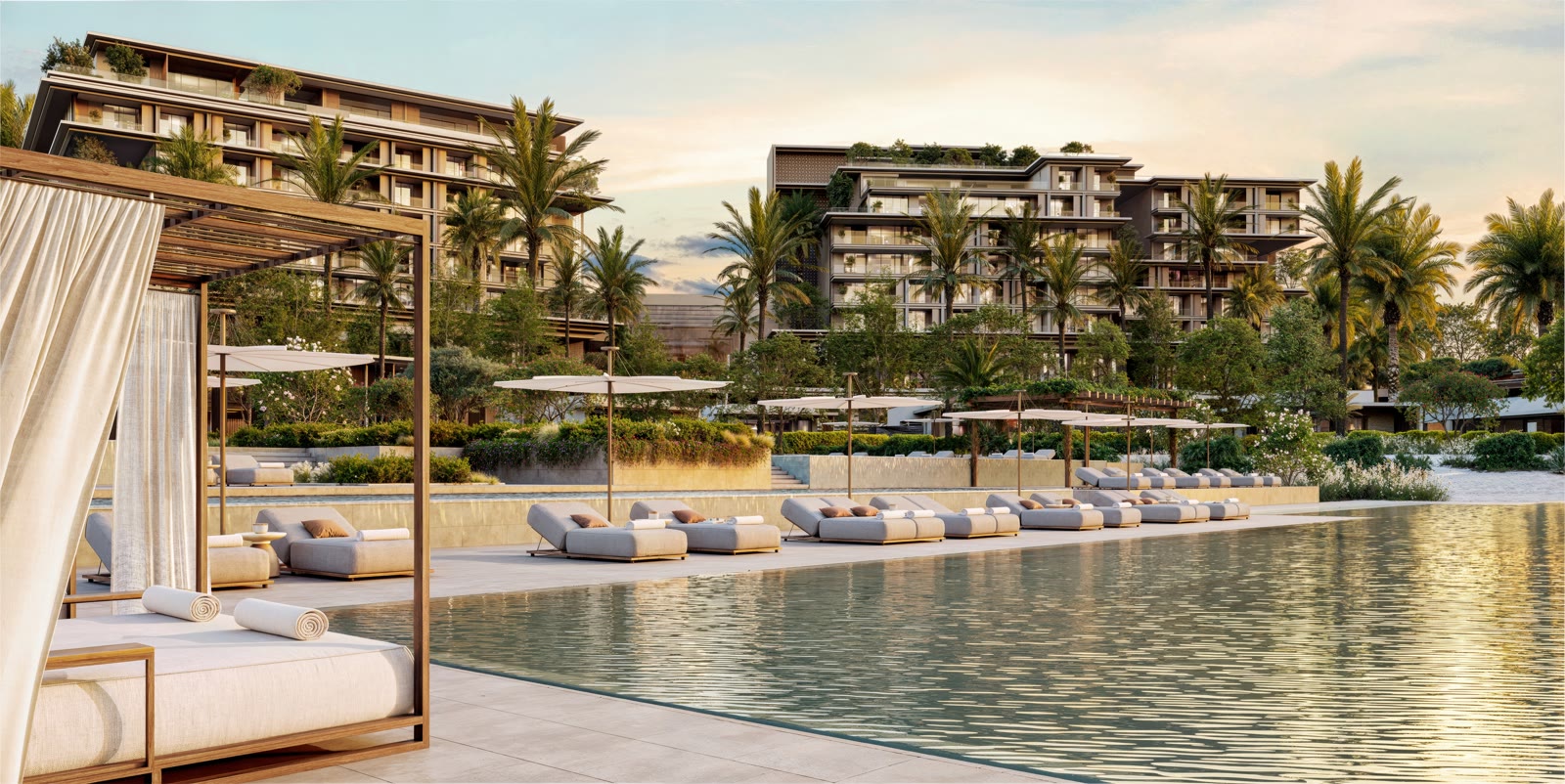 Rosewood Dubai programme — marketing pool and mid-rise hospitality massing adjacent to residences (not the tower SPA stock)