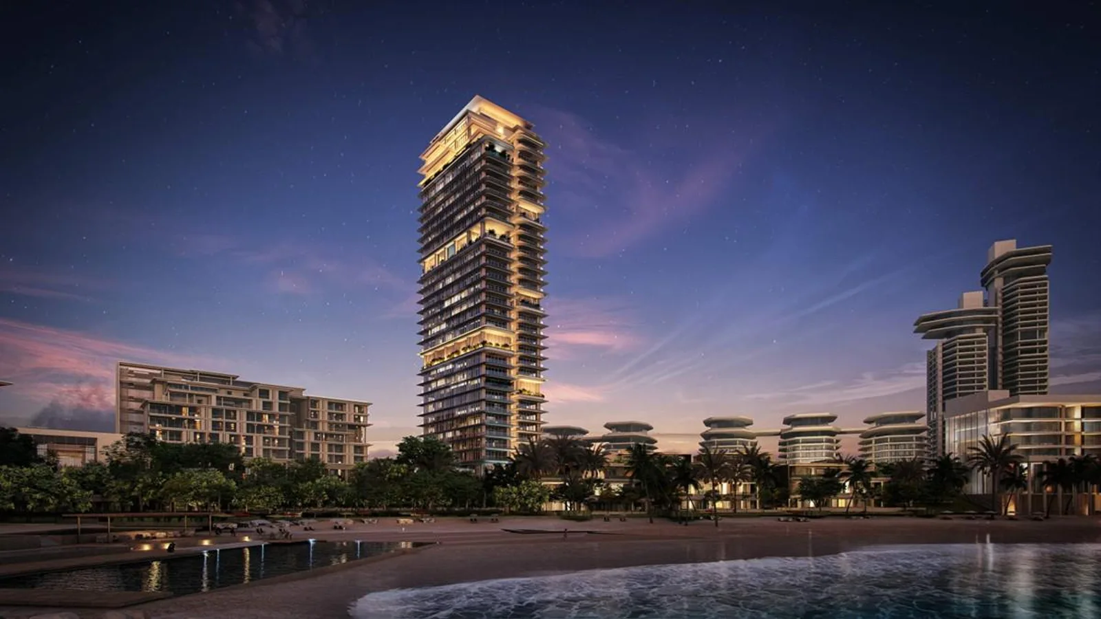 Rosewood Residences Dubai — night marketing exterior of the residential tower on Peninsula Dubai