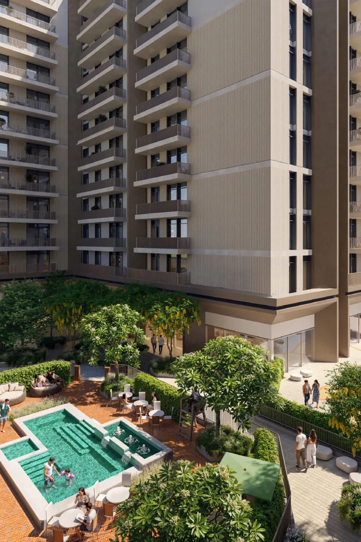 Roudah at Expo Valley Views — marketing facade and courtyard render