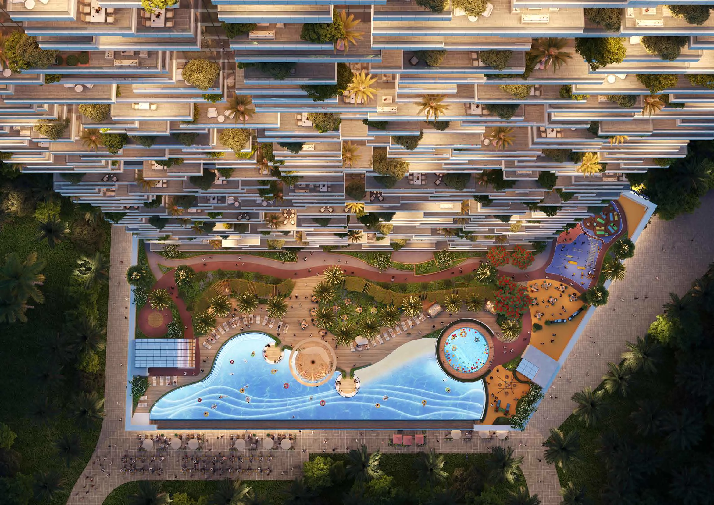 Safa Gate aerial still — official brochure top-down of the podium pool, kids pool and terrace gardens