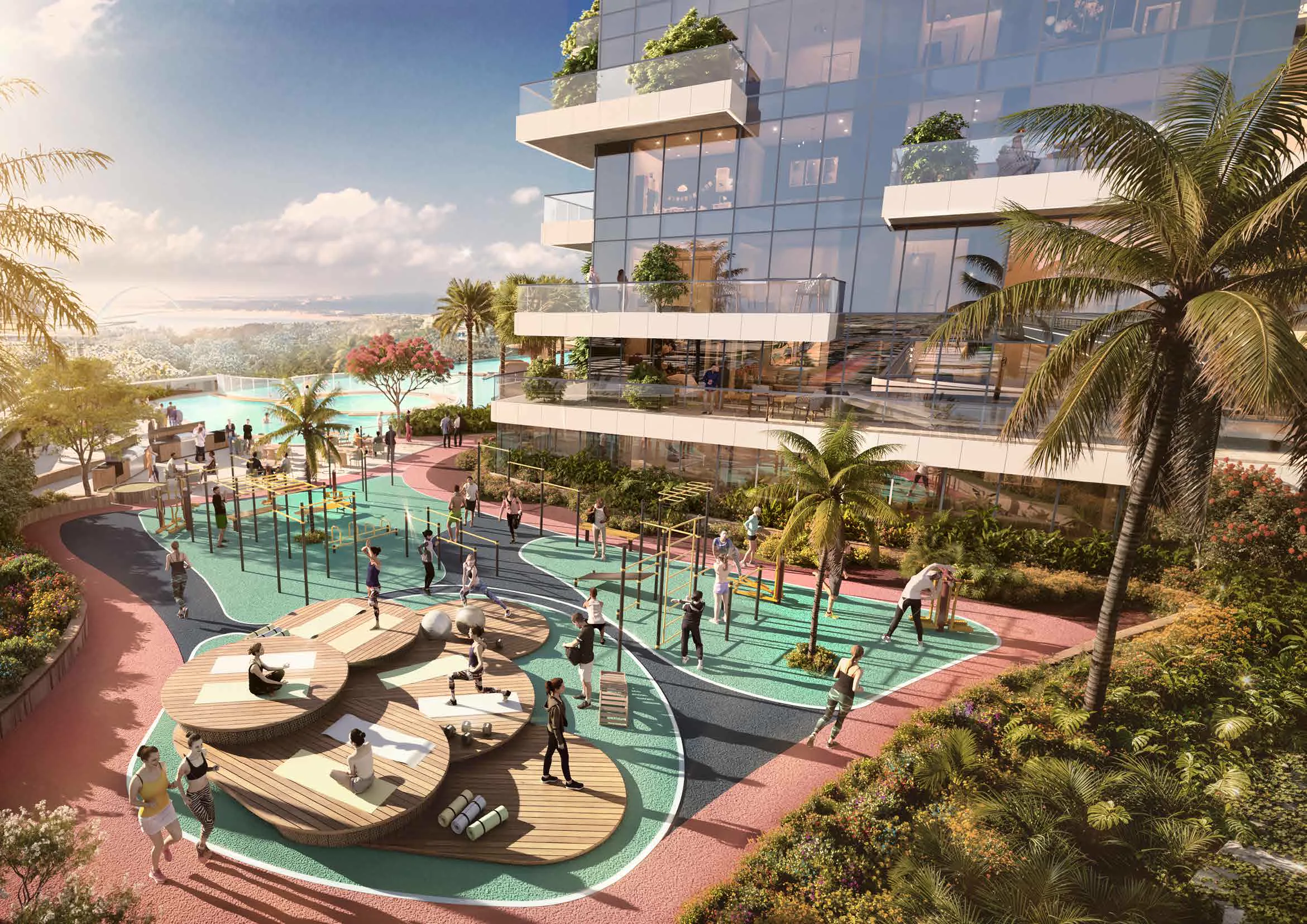 Safa Gate amenity still — official brochure open-air gym deck beside the glass facade