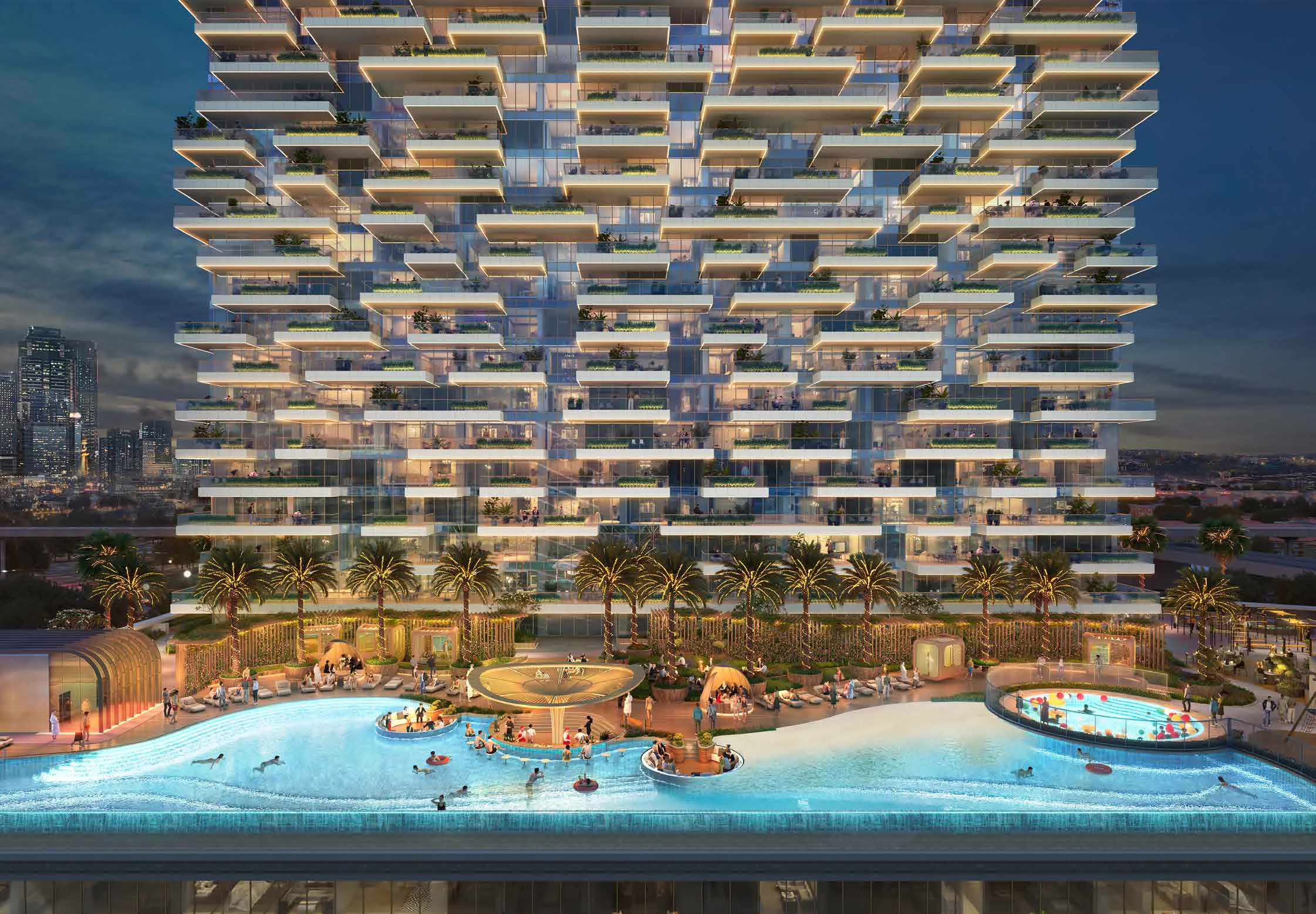 Safa Gate podium still — official brochure evening pool terrace at the base of the stacked-terrace tower