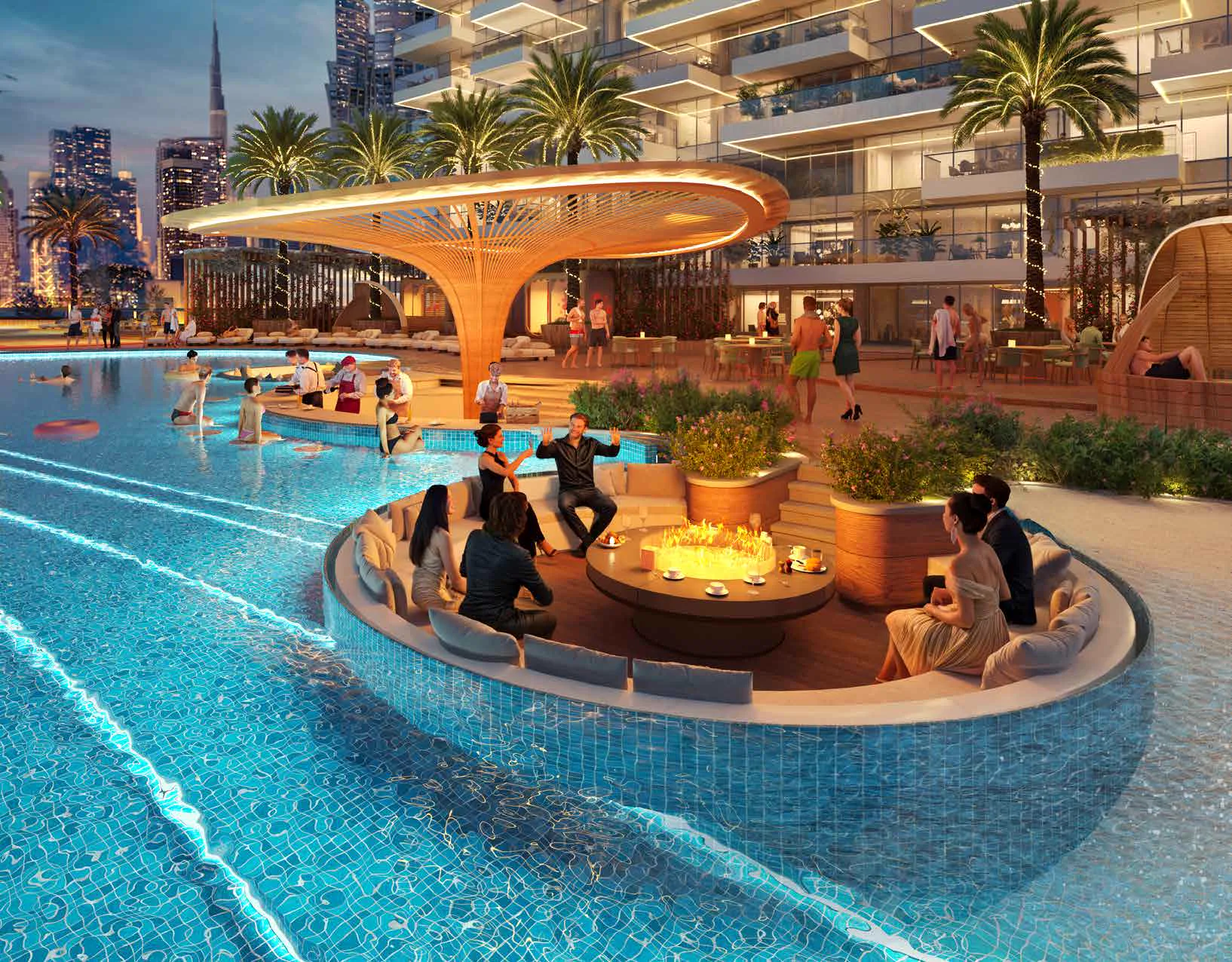 Safa Gate amenity still — official brochure circular sunken pool seating with Burj Khalifa beyond