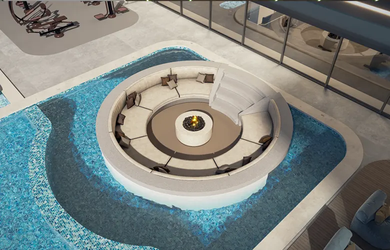 Samana Downtown One — outdoor seating by the pool deck marketing render