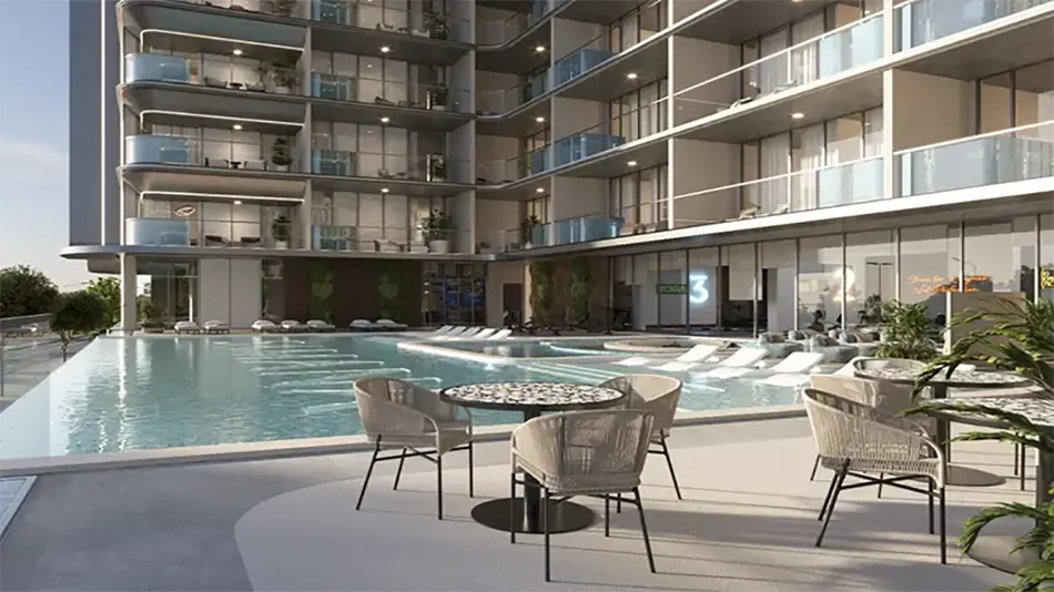 Samana Downtown One — pool deck and tower façade marketing render