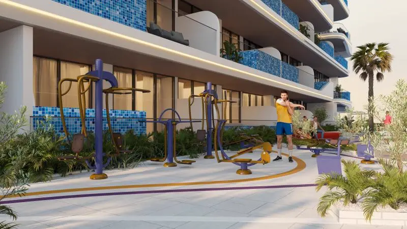 SAMANA Ocean Pearl — official outdoor gym still at the podium with blue mosaic balcony fronts