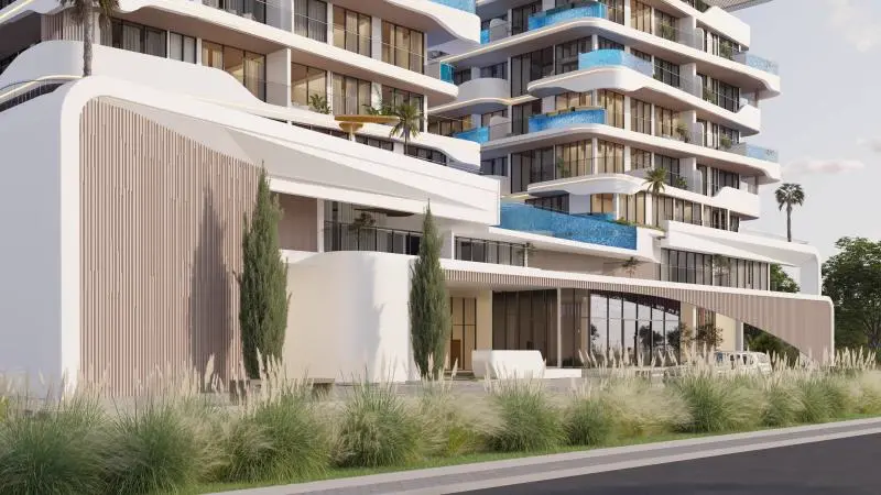 SAMANA Ocean Pearl — official street still of the timber-slat podium and curved terraces with balcony pools