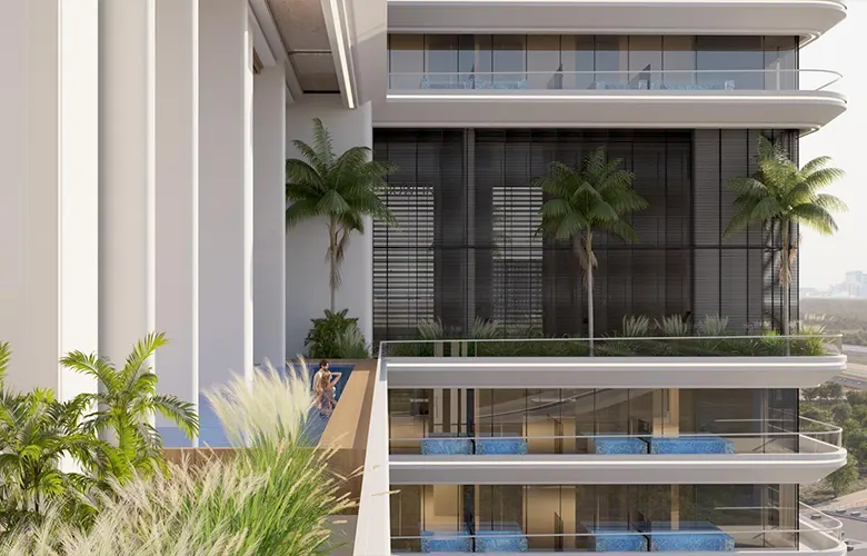 Samana Portside 2 — broker-labeled facade close-up with stacked balconies and a private terrace pool
