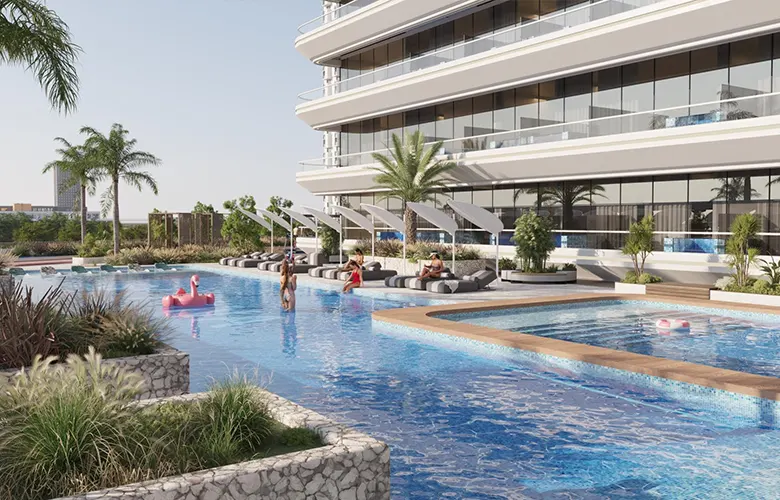 Samana Portside 2 — broker-labeled podium pool deck render