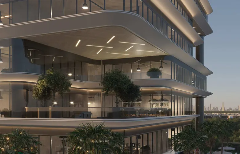 Samana Portside — broker-labeled podium terrace and curved glass facade close-up
