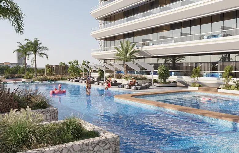 Samana Portside — broker-labeled podium pool deck render