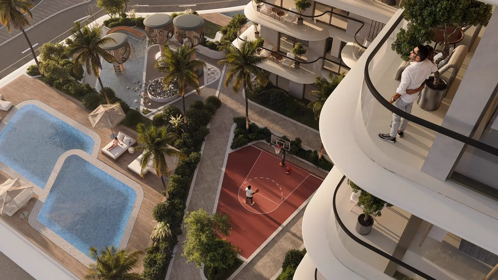 SAMANA South Haven — official balcony view down to courtyard pools and court