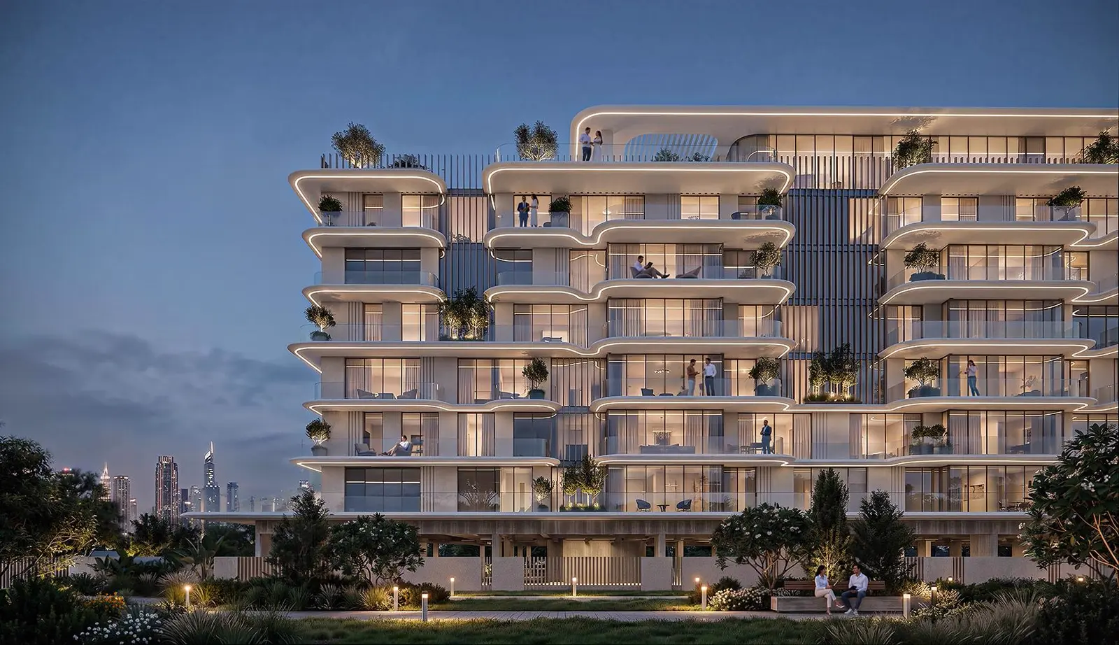 SAMANA South Haven — official dusk facade close-up with lit wavy balconies