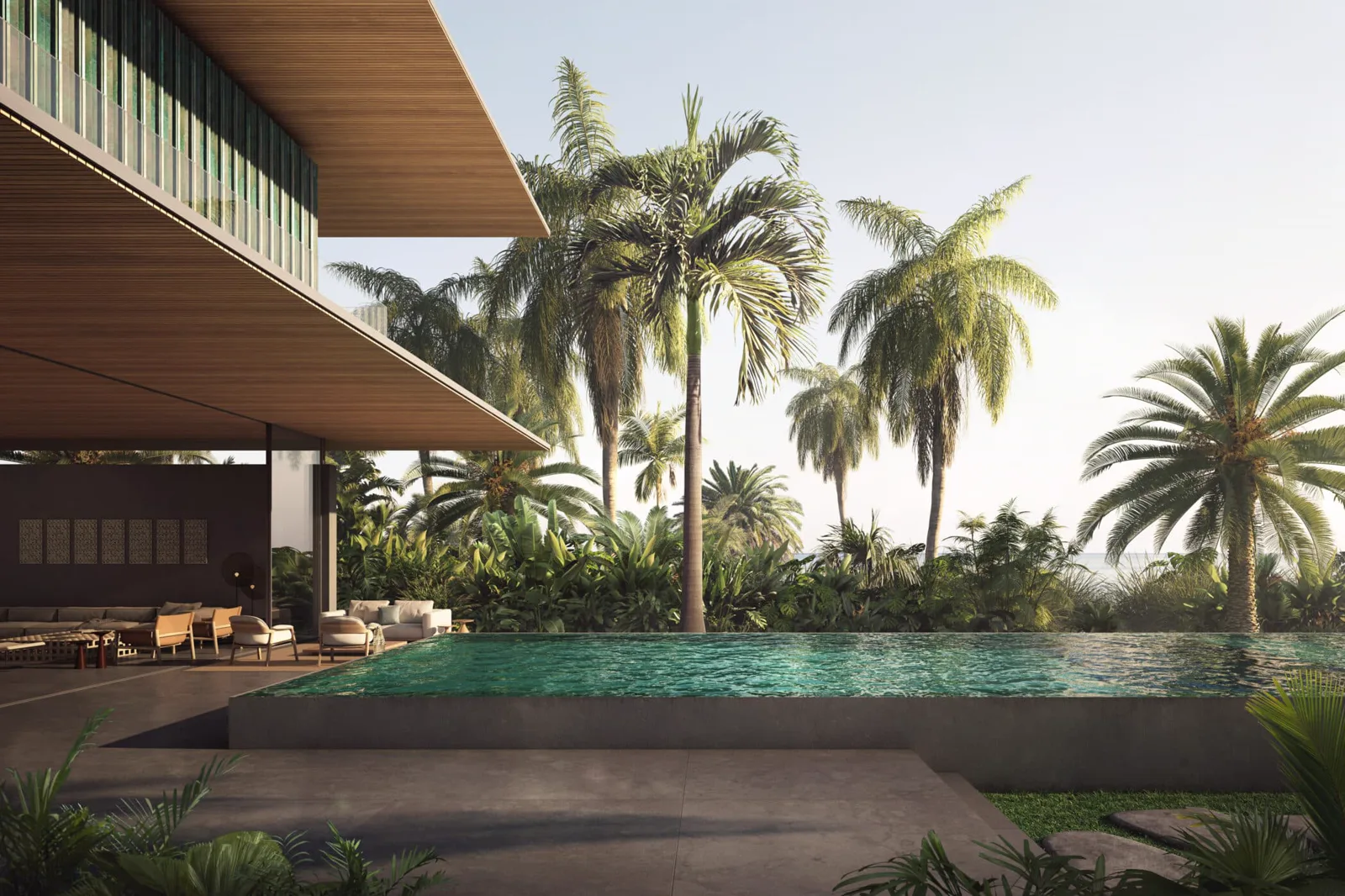 Sea Mirror Dubai — official terrace and infinity-pool render looking through palms to the water