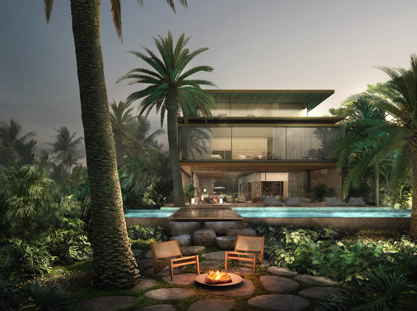 Sea Mirror Dubai — official dusk render of the same glass-and-timber villa with a lit pool and fire pit