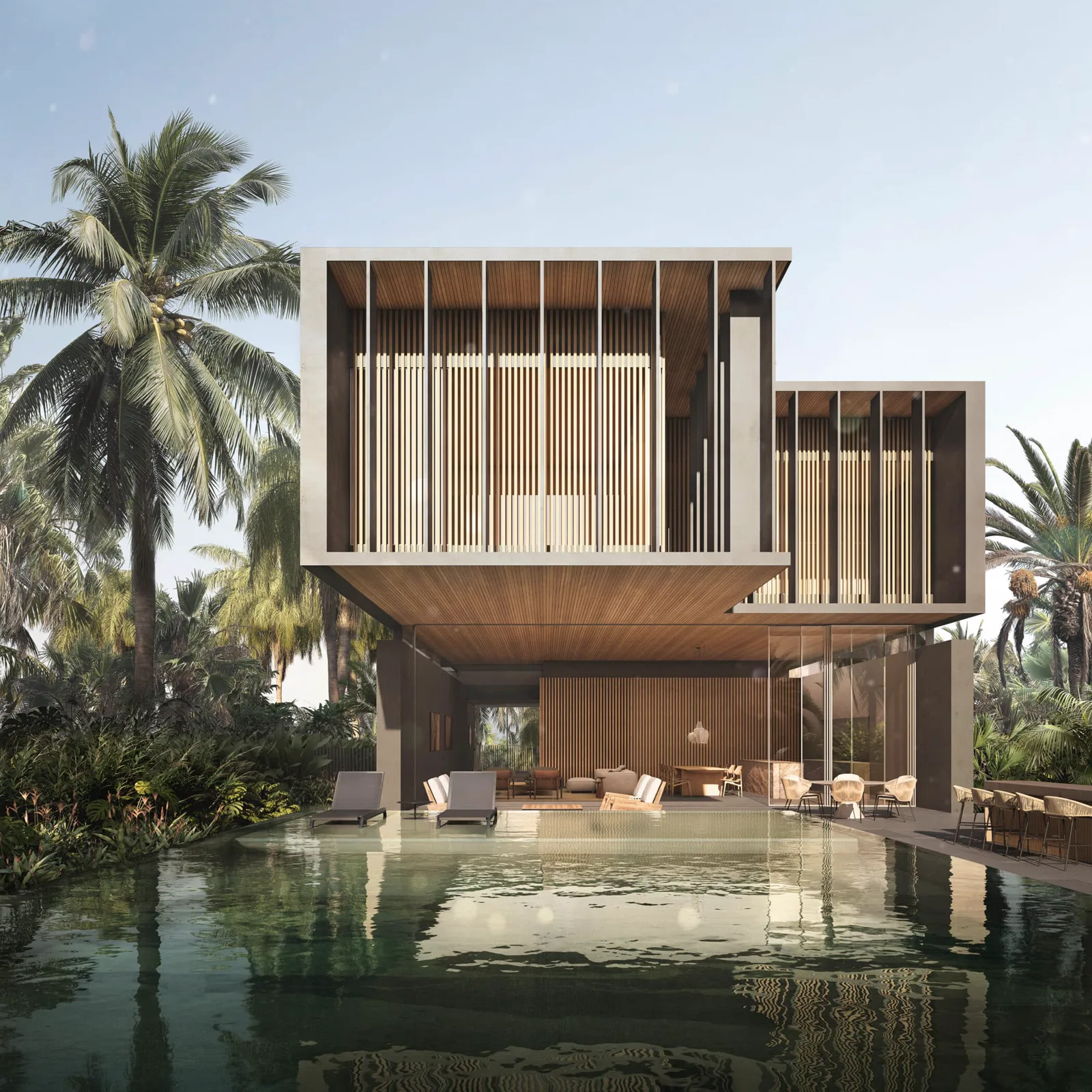 Sea Mirror Dubai — official render of a different unique villa with stacked timber-slat boxes over a pool