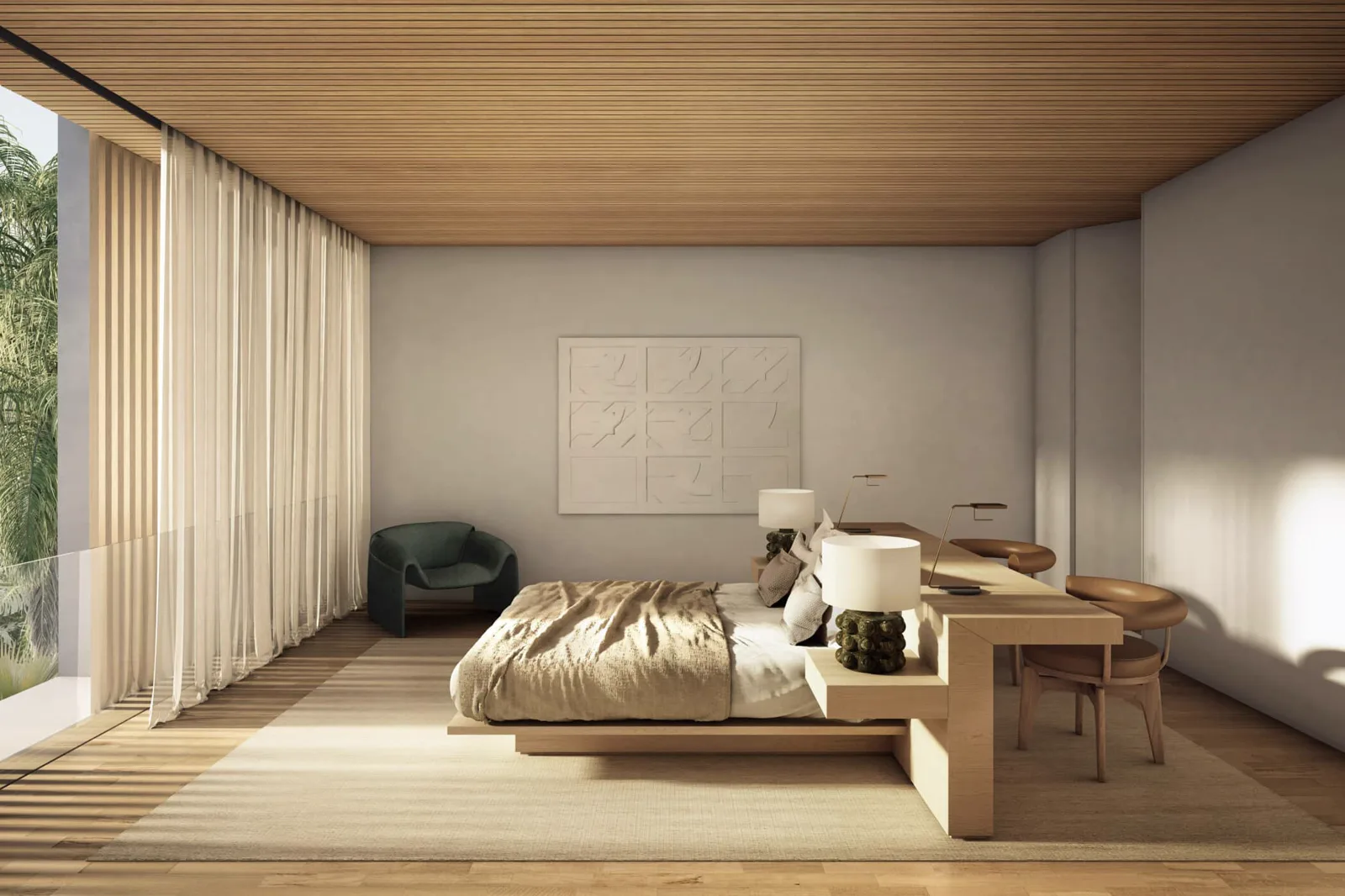 Sea Mirror Dubai — official bedroom with a timber ceiling, a long desk and garden light