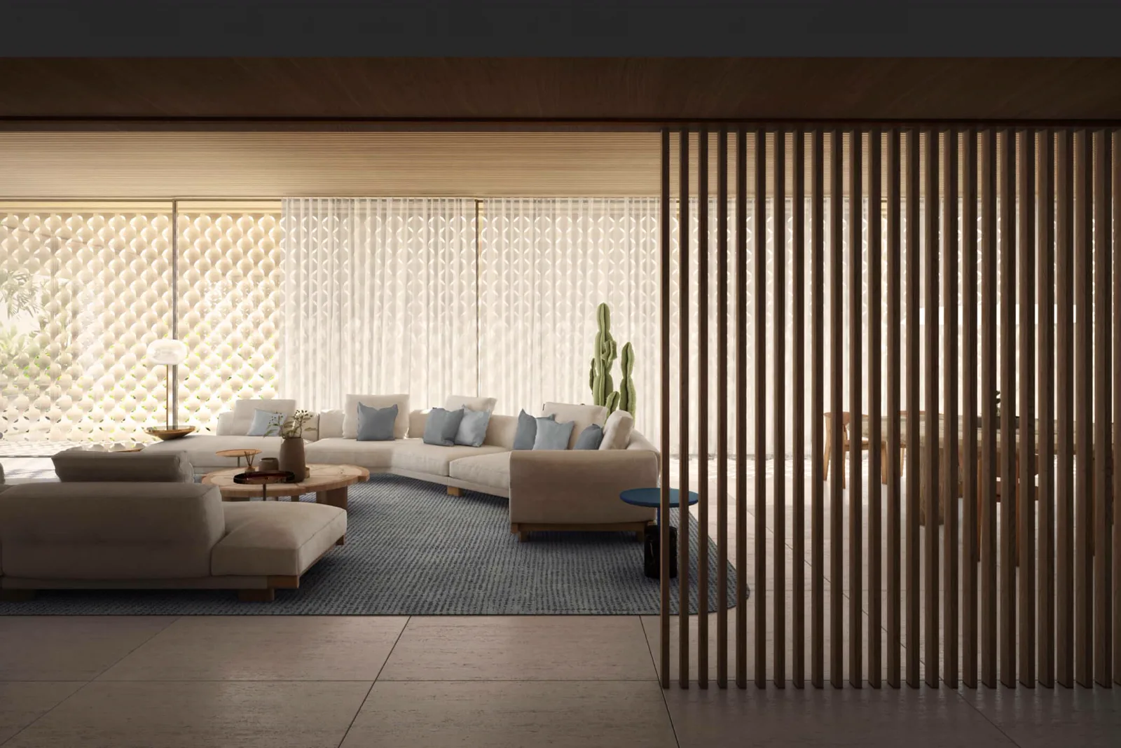 Sea Mirror Dubai — official living room with a timber screen and a pale sofa against a lattice wall
