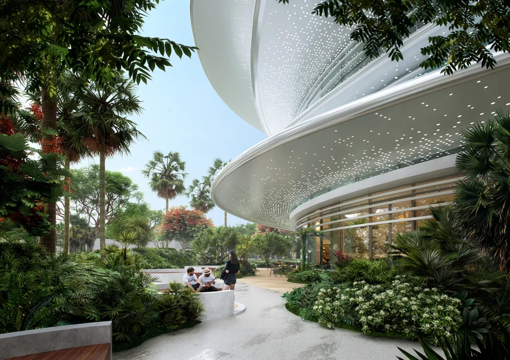 Serenia District — official marketing still of landscaped amenity / clubhouse approach