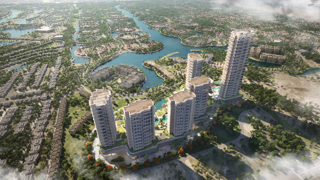 Serenia District — official marketing still of lakeside residential architecture