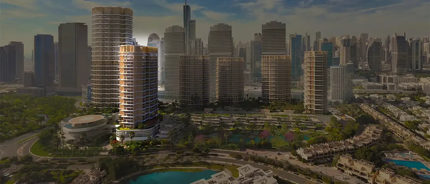 Serenia District marketing still — residential tower massing with city skyline backdrop