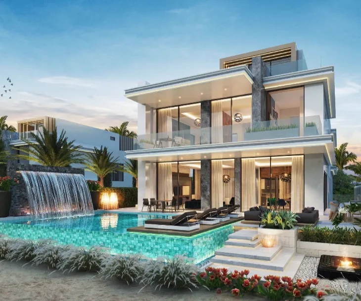 DAMAC Islands parent — marketing exterior streetscape of multi-storey low-rise homes