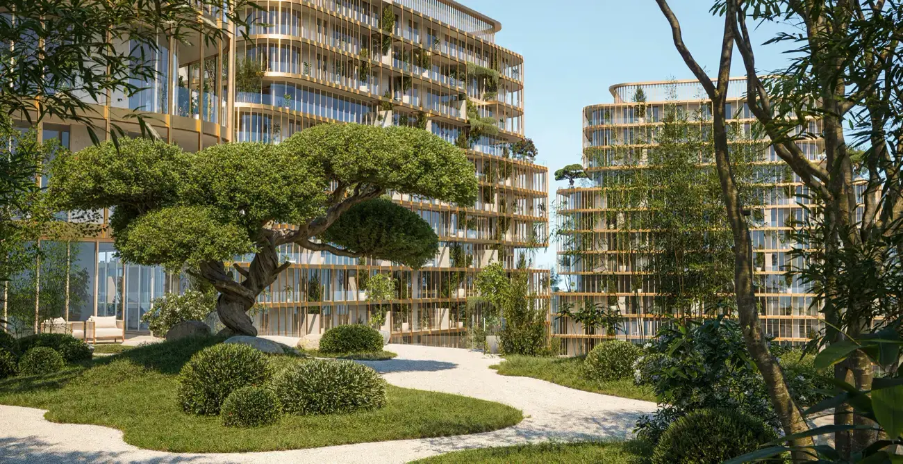 Shione by Beyond — courtyard and latticed tower façade marketing still