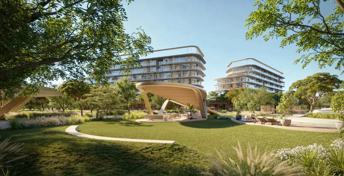 Shione by Beyond — garden pavilion and mid-rise blocks marketing still