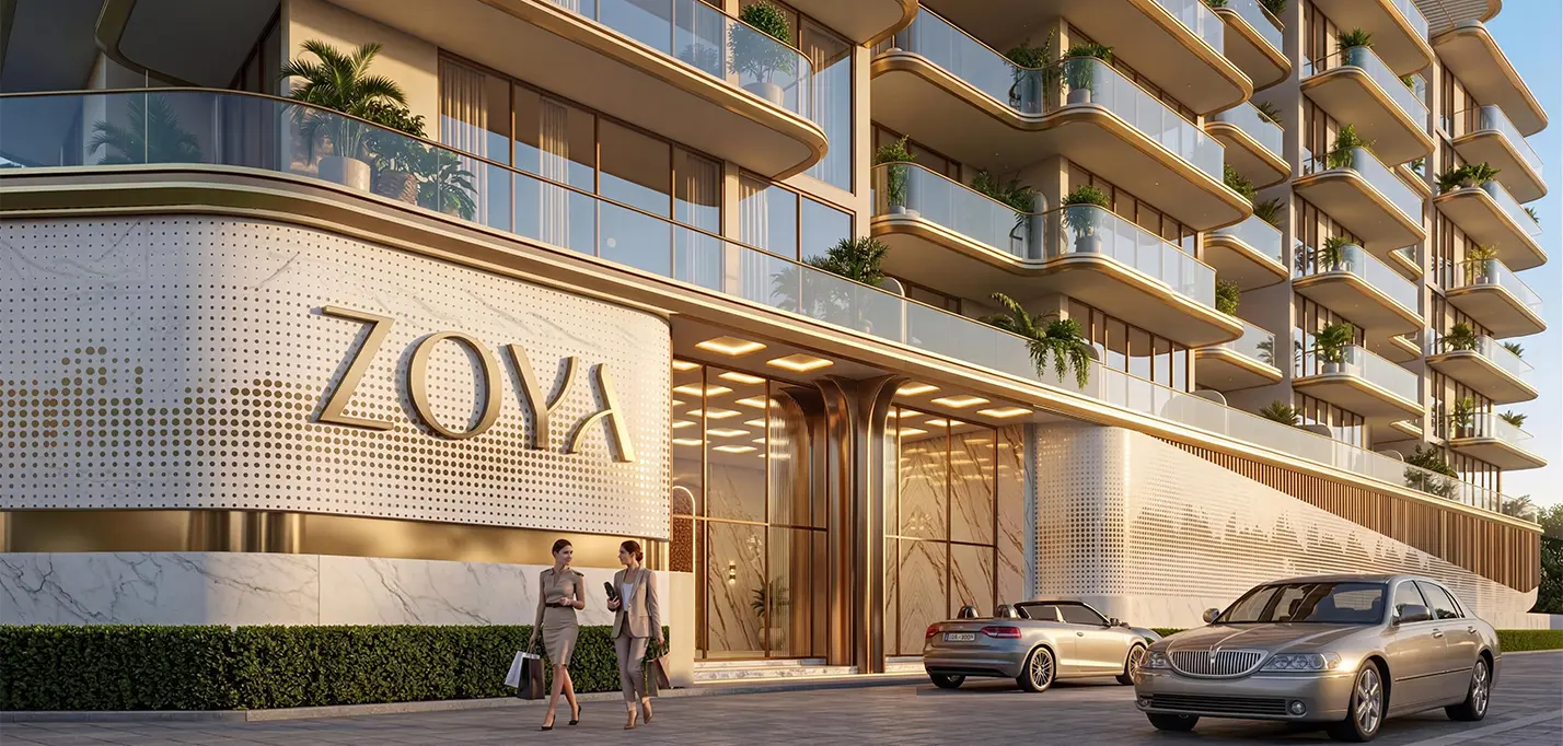 Siana By Zoya — official entrance still with gold ZOYA podium sign and stacked balconies