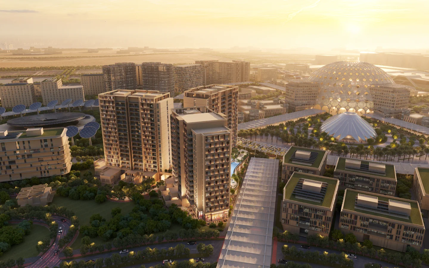 Sidr Residences 2 — official sunset aerial of the three-tower Sidr cluster beside Al Wasl Dome and Terra