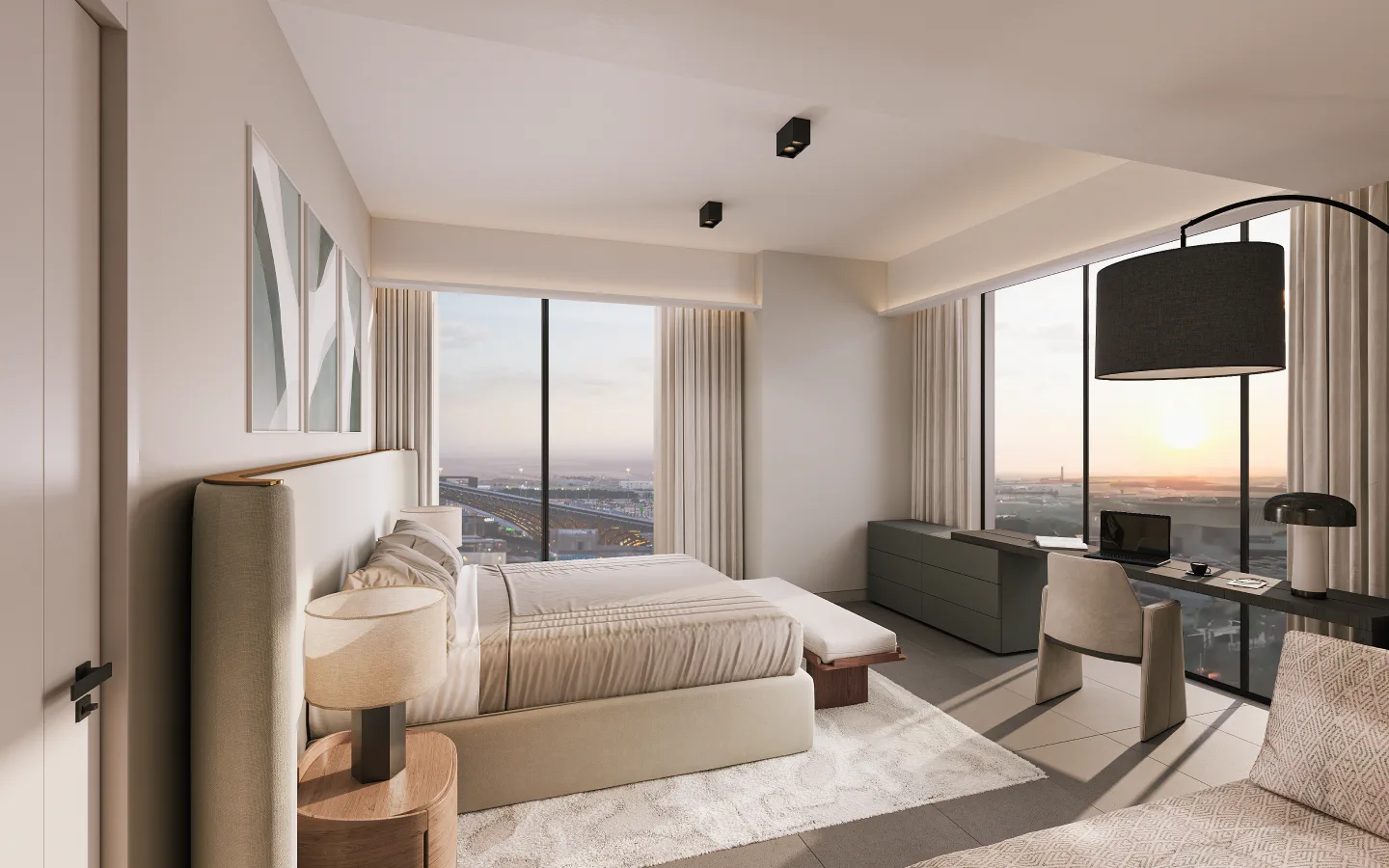 Sidr Residences 2 — official bedroom still with a sunset Expo City view