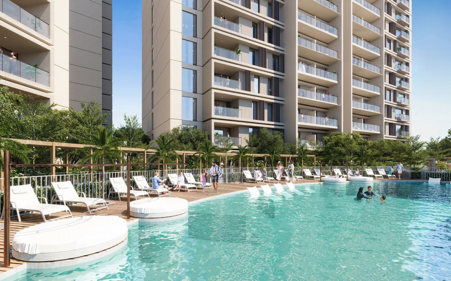 Sidr Residences — official podium pool between the beige mid-rise towers