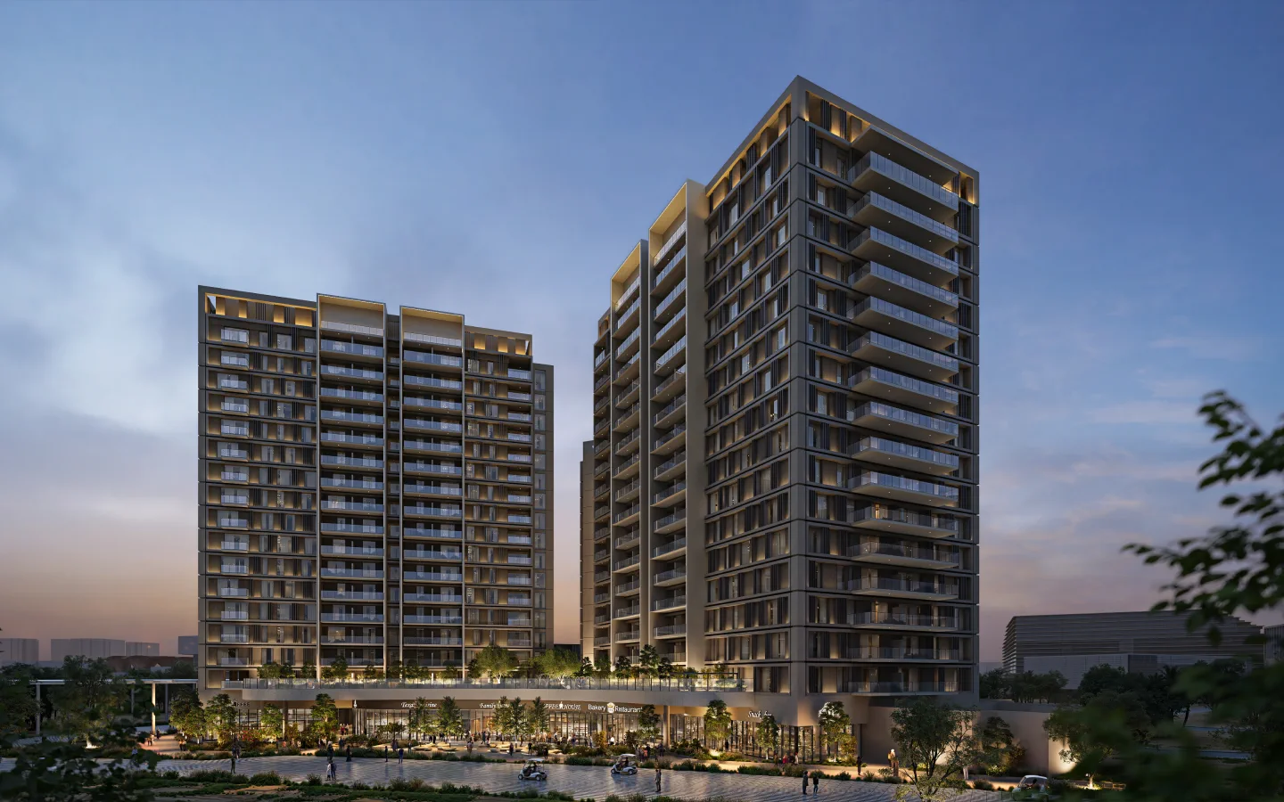Sidr Residences — official dusk still of the same three-tower podium with lit retail