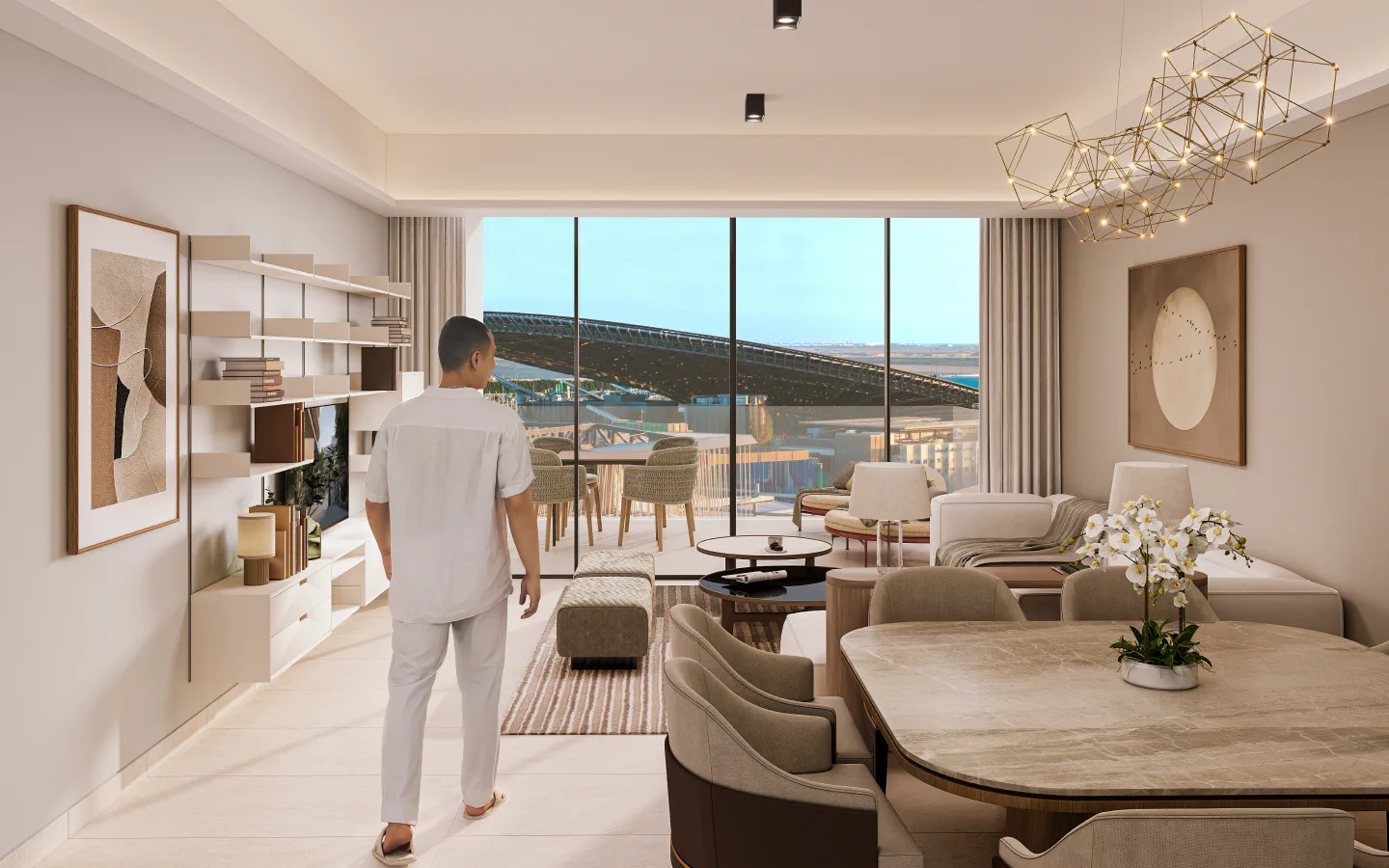 Sidr Residences — official living-room still with a view of Al Wasl Dome