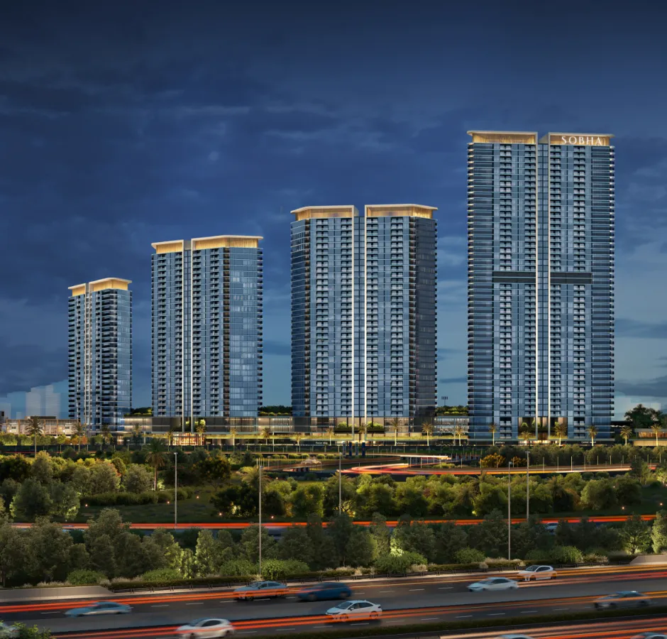 Sobha Solis — tower cluster render at dusk