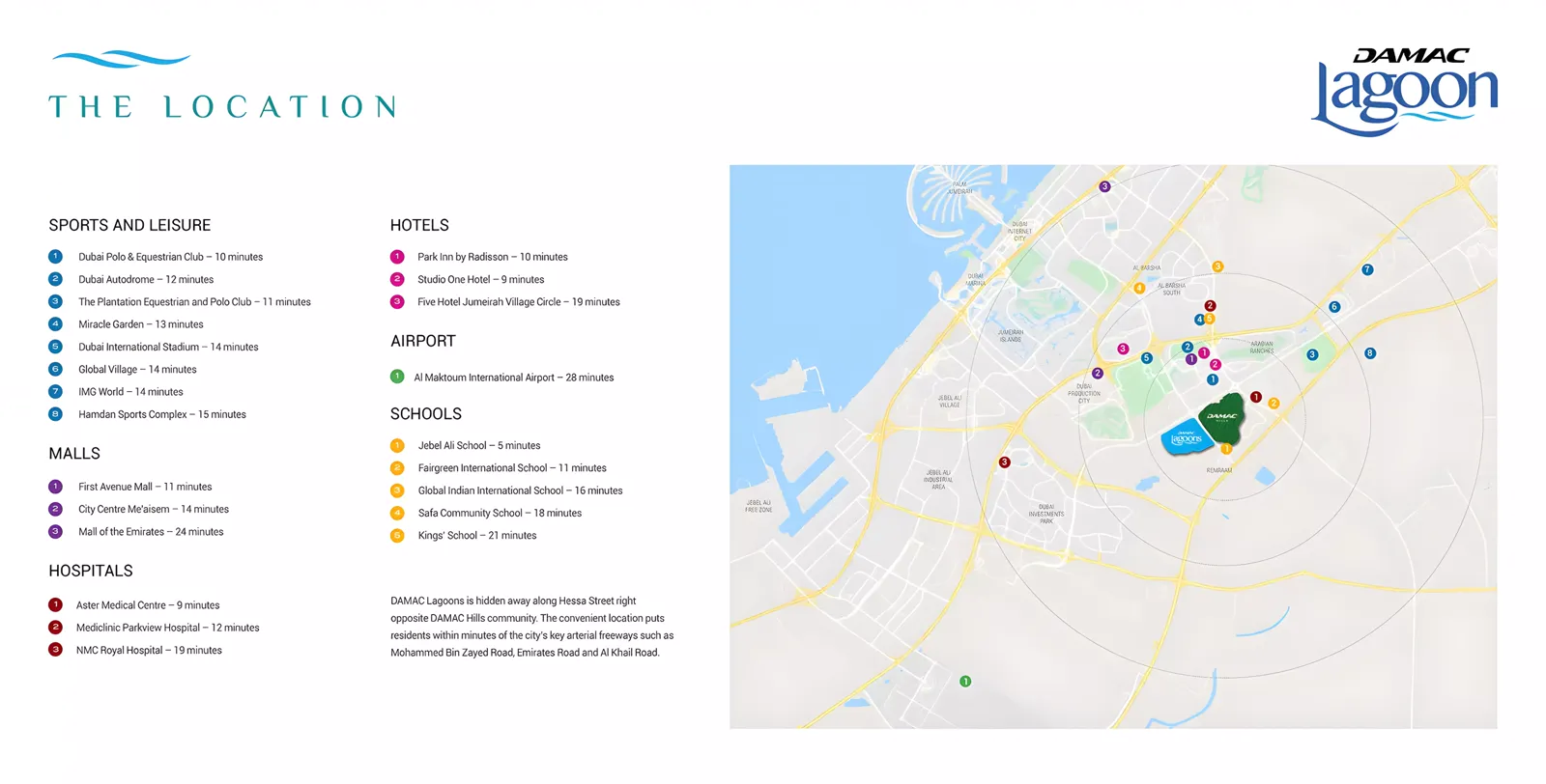 DAMAC Lagoons location map from the Sorrento Property Finder card — Hessa Street opposite DAMAC Hills