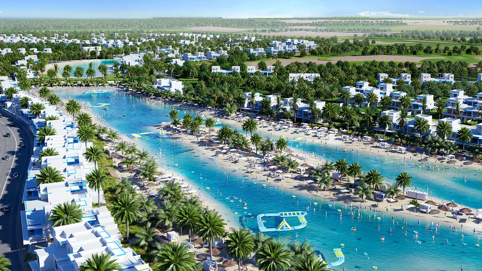 Official DAMAC Lagoons master community beach-and-villa aerial (master context, not the Sorrento apartment pocket)