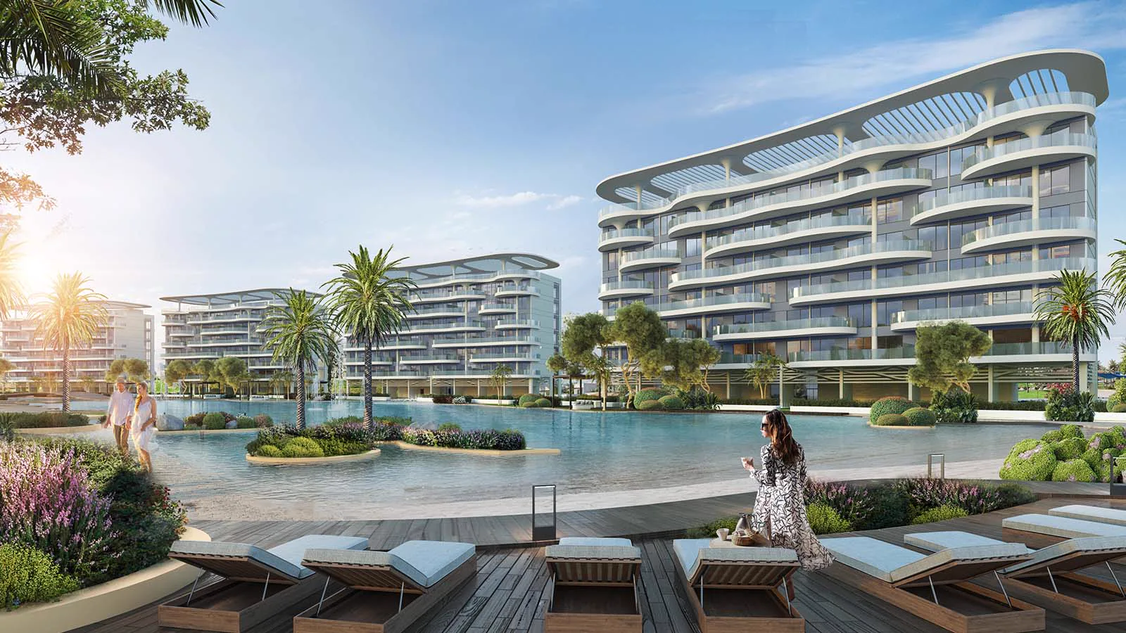 Official DAMAC Lagoon Views collection — daytime deck still of white curved balcony blocks beside the lagoon (parent collection, not a titled Sorrento unit)