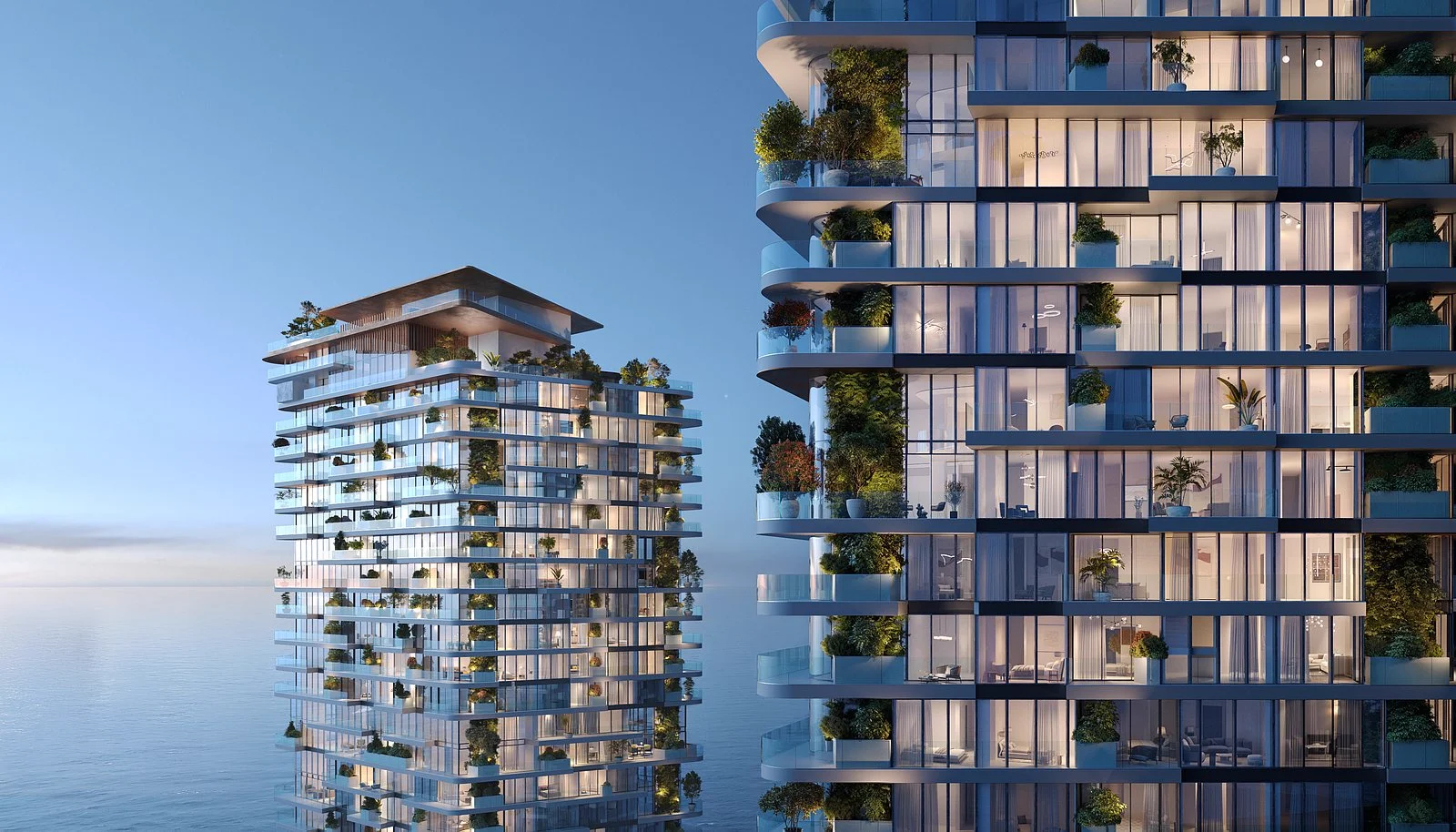 Soulever by Beyond — night façade marketing still of the twin waterfront towers
