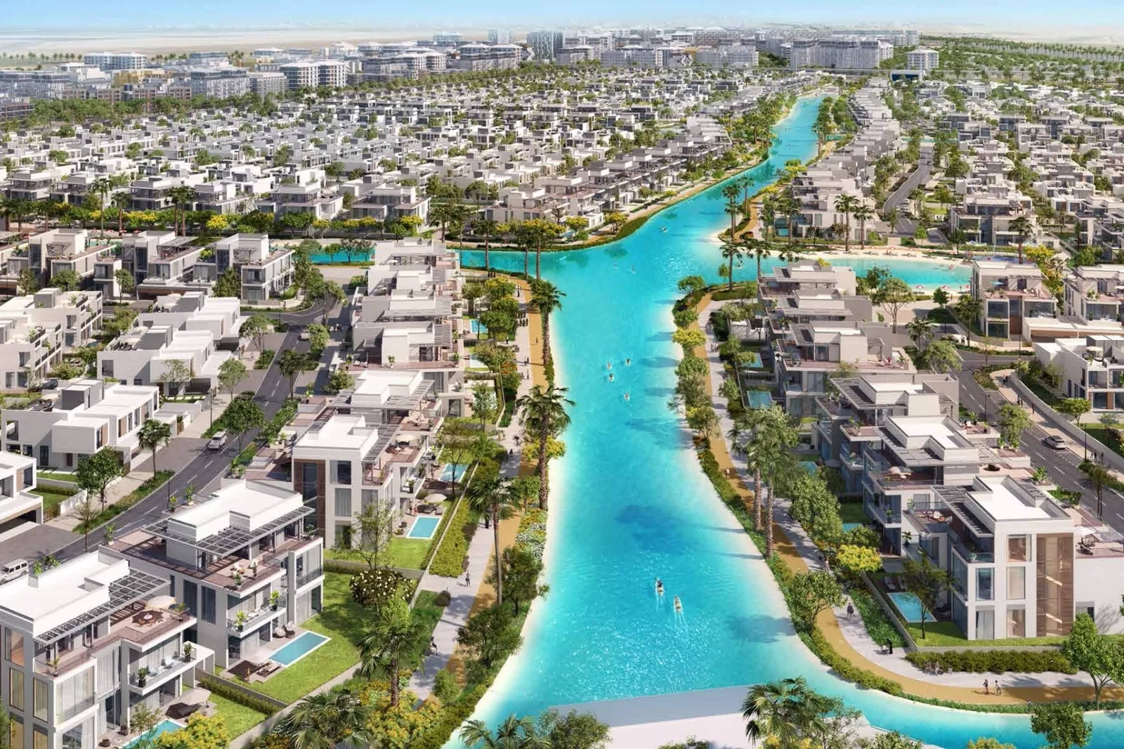 South Bay 5 Dubai South — Propsearch aerial of villa rows along the lagoon