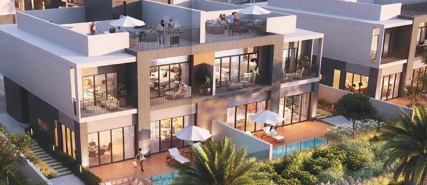 South Bay Dubai South — marketing still of a terrace villa with private pool (master-community render)