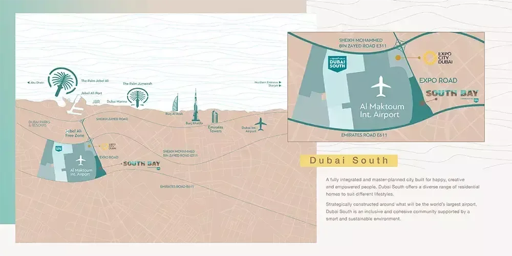 South Bay Phase 5 — Property Finder location diagram, Expo Road and Al Maktoum International Airport